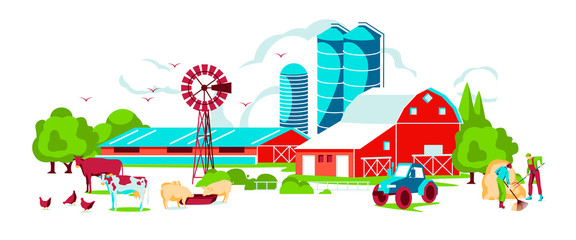 Farm rural landscape scene. Farmyard with buildings, silo tower, livestock and working people. Agriculture and farming concept flat vector illustration isolated on white background