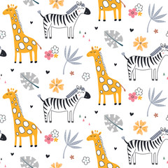 Cute vector seamless pattern with safari animals, zebra, giraffe and tropical plants.