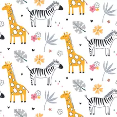 Tapeten Cute vector seamless pattern with safari animals, zebra, giraffe and tropical plants. © Andrei