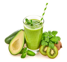 Healthy fresh fruit green smoothie in glass. Raw assorted ingredients isolated on white. Tasty fruits and vegetables set, green organic smoothie. Creative weight loss concept