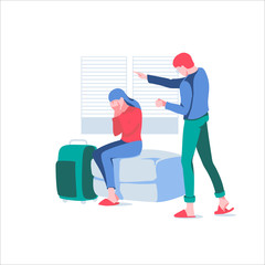 Husband shouting at wife. Man offending woman while she is crying sitting on couch with suitcase. Family conflict between spouses, divorce, relationship problems cartoon vector illustration