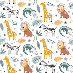 Obraz premium Cute vector seamless pattern with safari animals, alligator, zebra, lion, giraffe and tropical plants.