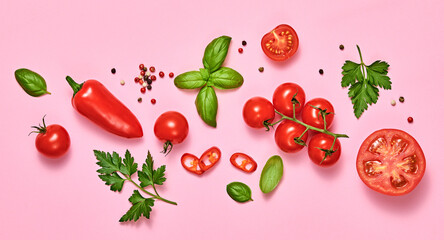 Tomato, basil, spices, bell chili pepper. Vegan diet food, creative composition on pink. Fresh basil, herb, cherry tomatoes layout, cooking sauce colorful concept, top view.