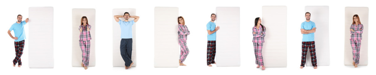 Collage with photos of people and mattresses on white background. Banner design