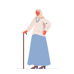 old woman in casual trendy clothes with cane senior female cartoon character standing pose gray haired grandmother full length vector illustration