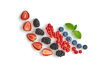 Blueberry, raspberry, blackberry, redcurrant isolated on white. Fresh blueberry, berries mix closeup. Red raspberry, mint creative composition. Colorful trendy concept, top view.