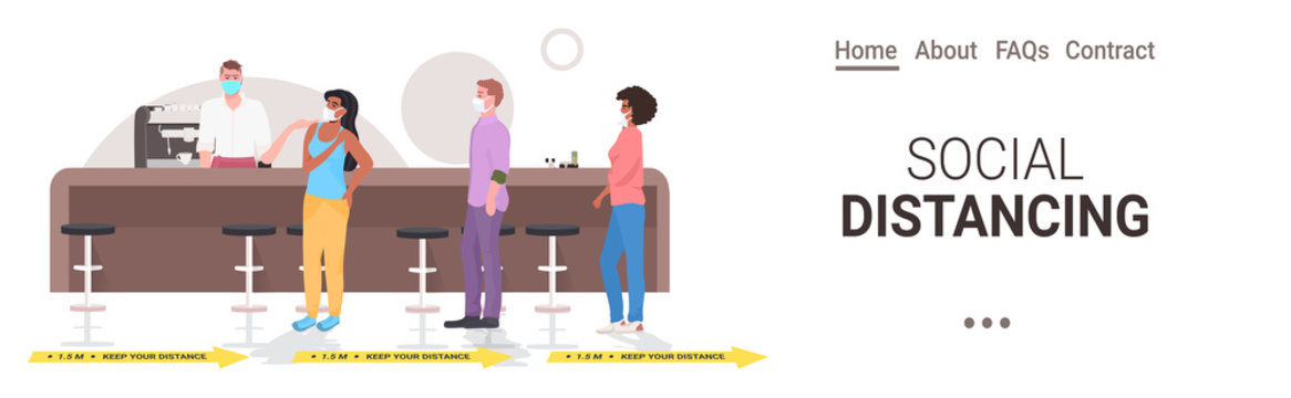 cafe visitors keeping distance to prevent coronavirus pandemic restaurant interior horizontal full length copy space vector illustration