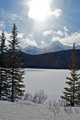 Icefields Parkway leading to Columbia Icefield in Canadian Rocky Mountains between Banff and Jasper National Park in Alberta Canada