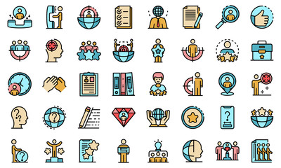Headhunter icons set. Outline set of headhunter vector icons thin line color flat on white