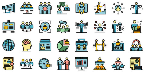 Recruiter icons set. Outline set of recruiter vector icons thin line color flat on white