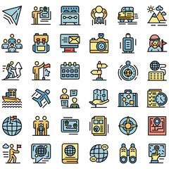 Guide icons set. Outline set of guide vector icons thin line color flat on white