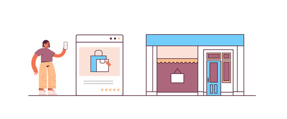 woman using smartphone application for online shopping ordering and paying e-commerce smart purchasing concept horizontal full length vector illustration