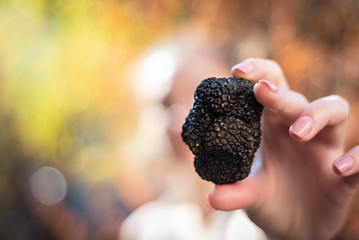 Girl holding black truffle mushroom, found in the woods