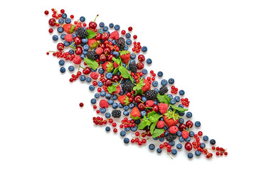 Blueberry, raspberry, blackberry, redcurrant, strawberry, cherry isolated on white. Fresh blueberry, berries mix closeup. Red raspberry, mint creative composition.