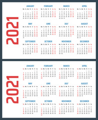 calendar for 2021 starts sunday and monday, vector calendar design 2021 year