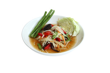spicy papaya salad isolated on white background, Thai traditional food