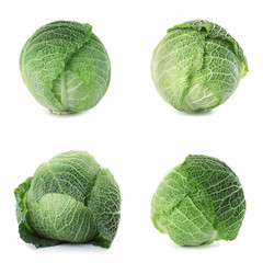 Set of fresh Savoy cabbages on white background