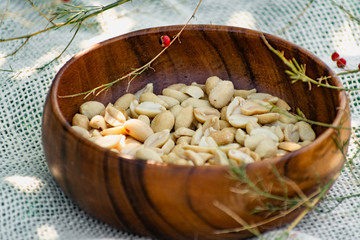 Fried salted peanuts in a beautiful wooden plate, through a thin green twig with red berries. Bean nuts for snacks