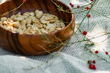 Fried salted peanuts in a beautiful wooden plate, through a thin green twig with red berries. Bean nuts for snacks