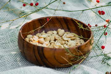 Fried salted peanuts in a beautiful wooden plate, through a thin green twig with red berries. Bean nuts for snacks