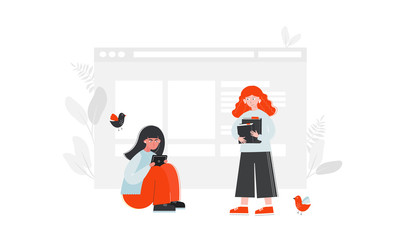 Girl with headphones holds a tablet. Girl with books. Students life. Modern flat vector eps 10. Isolated illustration, life with gadgets and internet scene, browser windows, books, education concept.