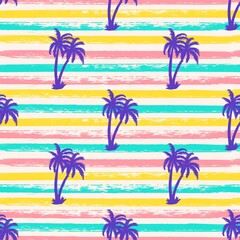 Fototapeta na wymiar Seamless texture striped pattern with blue palm trees. Summer background. Holiday backdrop.