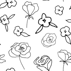 Floral vector seamless pattern with  flowers, leaves and twigs. Beautiful hand drawn bouquets in pastel colors in vintage style.