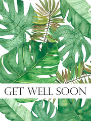 Watercolor hand painted nature tropical summer season texture composition with green palm jungle leaves with get well soon text space on the white background for exotic cards design