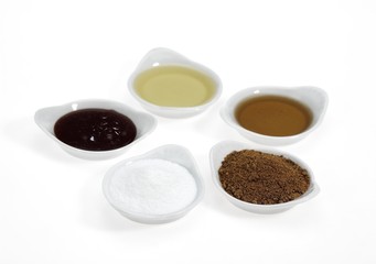 Fine Granulated Sugar, Brown Sugar, Maple Syrup, Treacle and Honey, Sugar against White Background