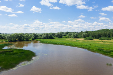 Fototapeta premium Panoramic aerial view of the Volkhov River near Veliky Novgorod, natural attractions of Russia.
