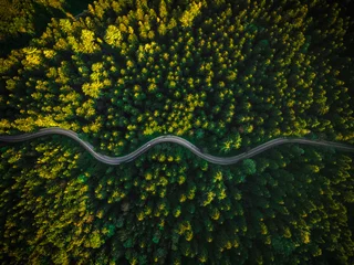 Fotobehang Slaapkamer Winding Curvy Road Trough Forest. Aerial Drone Top Down View. Wilderness Landscape  © marcin jucha