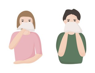 How to sneeze or cough properly to prevent viruses from spreading. Covering your mouth with a handkerchief. People with colds and runny nose. Preventive measures against coronavirus infection.