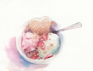 Ice cream art. Watercolor food illustration. Poster or menu design on textured paper.