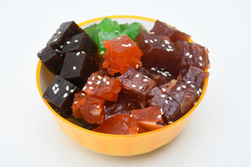 Indian sweet food Kozhikodan black Halwa made with dry fruits for celebration special occasion  Kerala India. Popular traditional festival dessert for Diwali, Ramadan, Eid, Dusshera