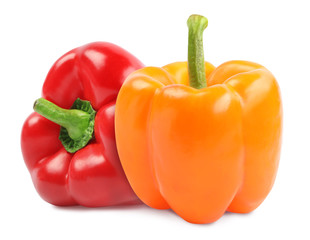 Fresh different bell peppers on white background