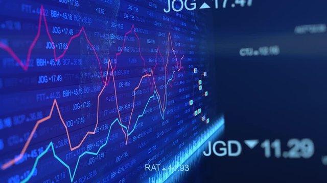 Fake stock market tickers with graphs and charts. Digital animation of made-up Stock market prices changing. 4k animation