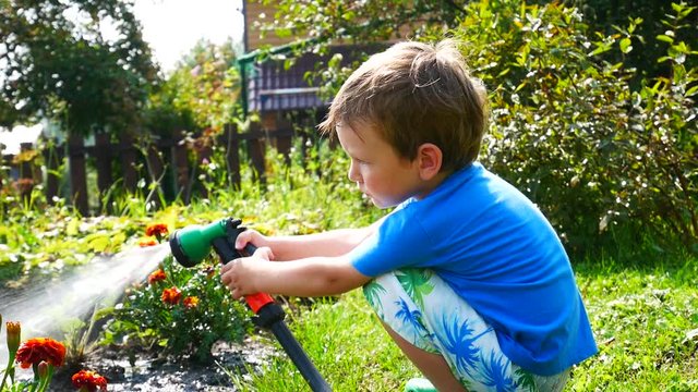 One little boy waters garden flowers with a watering spray sitting on the lawn