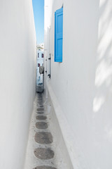 Narrow alleys in Mykonos old Chora town, Mykonos island, Cyclades, Greece