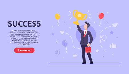 Business success concept. Vector flat businessman stands with a bag and holds the cup in his hands because he achieved success and received a profitable deal. Can be used on websites and web banners.