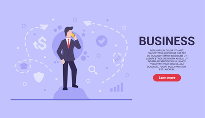 Business concept. Vector flat businessman stands on a stone and negotiates cooperation in order to develop the business and get profit in the future. Web banner on sites and smartphones. EPS 10.