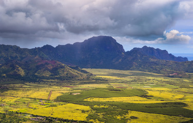 landscape with mountains and rain clouds in kauai, Hawaii