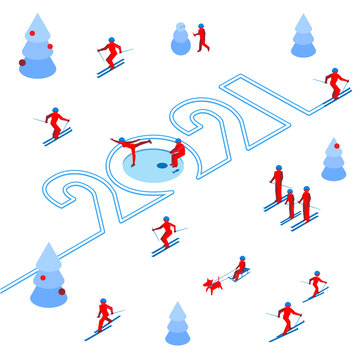 New Year 2021 concept - skier left a trace in the form of numbers