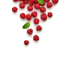 Raspberry isolated on white. Fresh berry closeup, healthy diet concept. Ripe organic bilberry, mint leaf creative composition. Juicy raspberry background, top view.