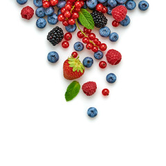 Blueberry, raspberry, blackberry, redcurrant, strawberry, isolated on white. Fresh blueberry, berries mix closeup. Red raspberry, mint creative composition.