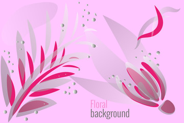 Fototapeta na wymiar Floral background in simple flat style. Vector illustration template with leaves and flowers, water droplets in trendy color palette. For social networks, invitations, congratulations, advertisements.