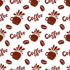 Watercolor hand painting illustration for menu, product design, wallpaper and more. Coffe cups with coffee bean and lettering seamless pattern on white background.