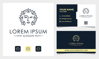 Beauty Logo woman and lotus Illustration with Line art Style logo design, Business card template