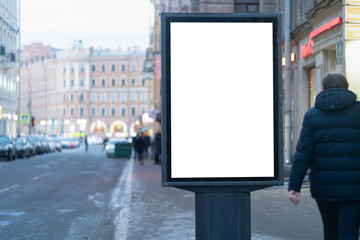 Blank Banner light box Mockup Media Advertising. In the city on the street with people