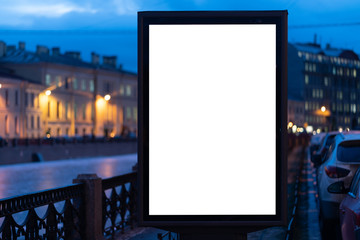 Blank Banner light box Mockup Media Advertising. In the city near the river at night