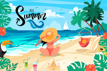 Summer bright postcard. The girl looks at the sea distance. Hello summer lettering. Vector illustration. Cartoon design.